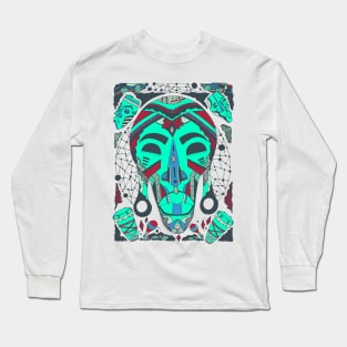 Teal Tribal African Mask Long Sleeve T-Shirt